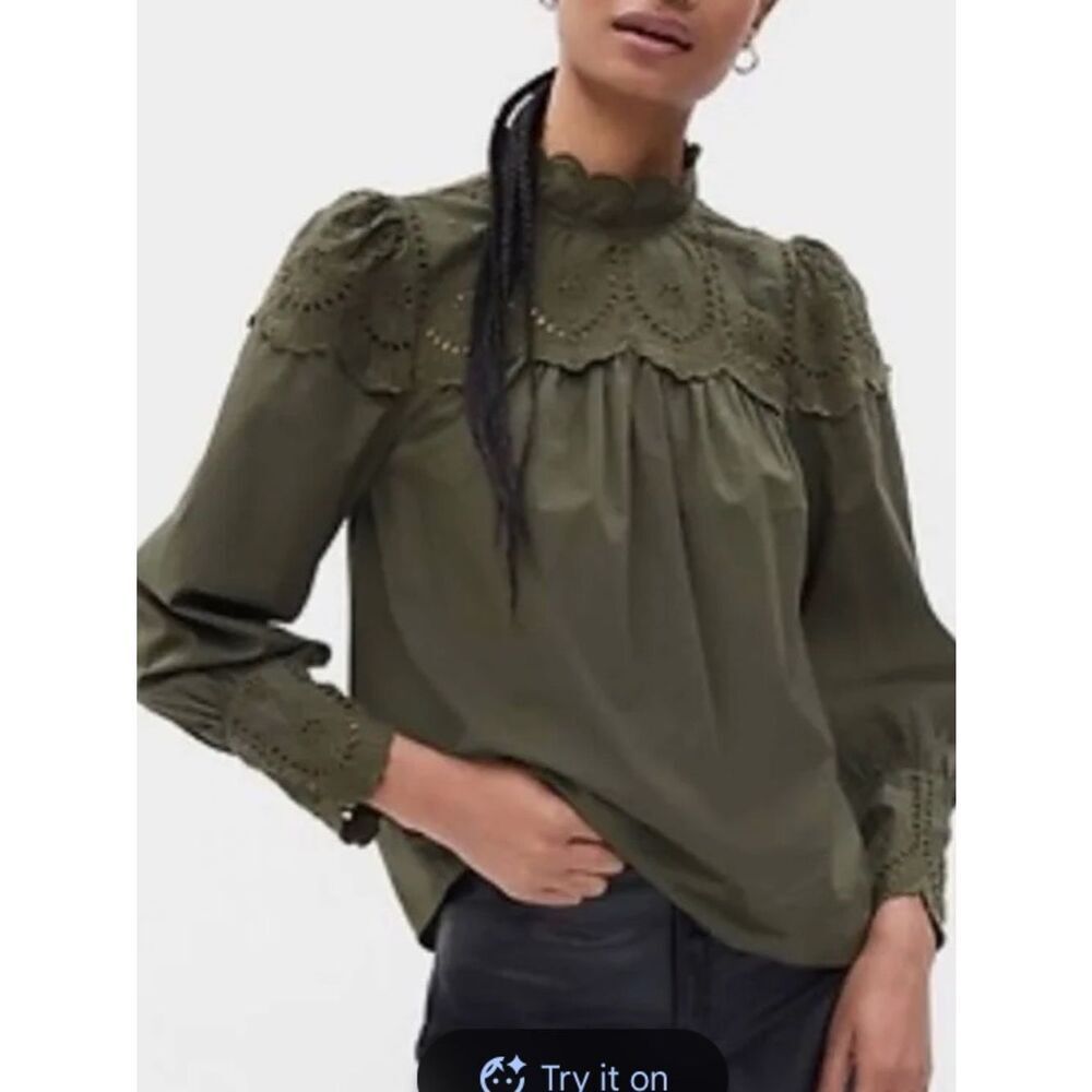 Gap Olive Eyelet Yoke Long-Sleeve Top